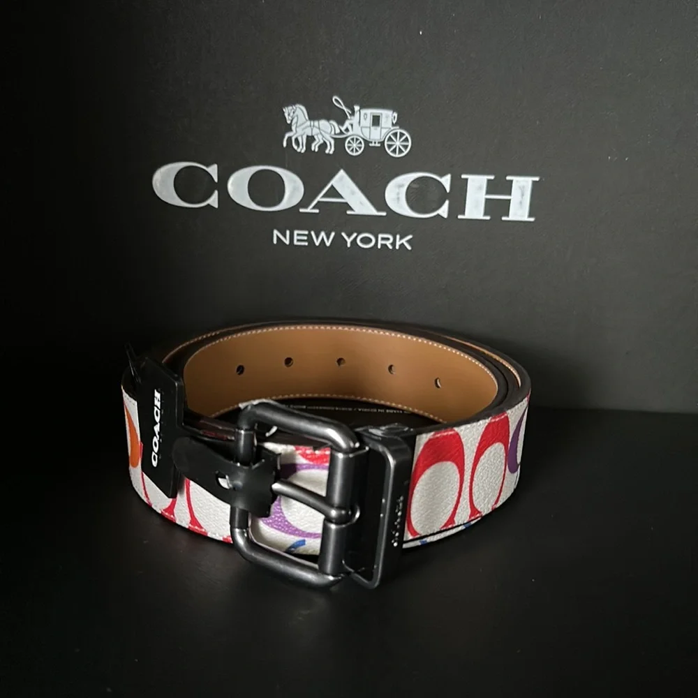 NWT Coach Roller Buckle Cut To Size Reversible Belt Rainbow Signature Canvas - Picture 4 of 7